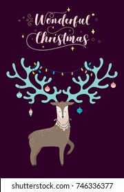 Wonderful deer with the Christmas toys and garland on horns. Vector illustration. Holiday poster in Scandinavian style with the wishes