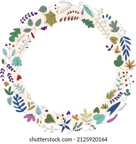 Wonderful delicate flower wreath,beautiful frame vignette vith herbs and leaves hand-drawn in vector. Trendy imitation of a colored pencil sketch.floral circle template for any spring or summer design