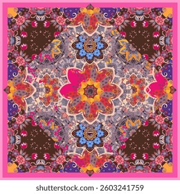 A wonderful design of a colorful shawl or square carpet with a large mandala flower in the center and small tulips in the corners. Vector illustration.