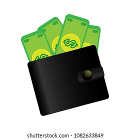 Wonderful design of a full black purse of dollar bills on a white background