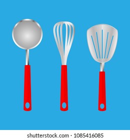 Wonderful design of a set of kitchen red tools icon illustration isolated on a blue background