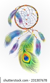 Wonderful Dreamcatcher with beautiful colored feathers and spiderweb in the circle and beads svg