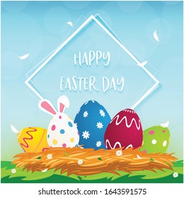 Wonderful Easter infographic, Vector illustration with colourful Easter eggs and geometric shape for text in garden background