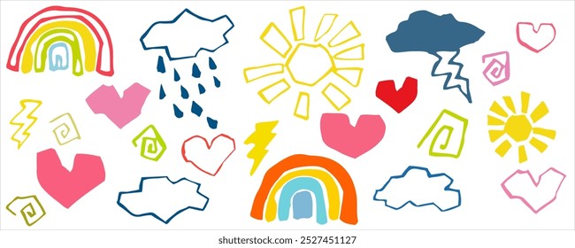 Maravillosos Elementos de gráficos infantiles dibujados a mano, ilustraciones de estilo doodle. Arco iris, nube, lluvia, sol.