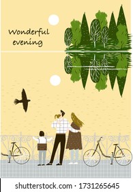 
Wonderful evening. Vector illustration with a lake, family, trees, birds for cards, prints, magazines, background, goods.