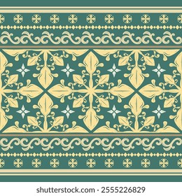 Wonderful Exquisitely Bud Florals Beige and Bright Yellow Ornament on Green Background. Luxury Greenery Pattern Scroll Ornate Detailed Embroidery for Rich Design, Men's Wear Attire, interior, carpet