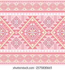 Wonderful Fairy Pink Embroidery Ethnic Weaves Handicraft Detailed Border Gorgeous Bright Sweetly Colorful Knit Tribal Florals Decoration Seamless Pattern Vector Homespun Silk Fabrics Scarf Dress Flag.