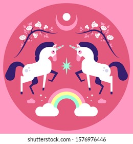 Wonderful fairy-tale background with unicorn and rainbow in a pinky flat design style.