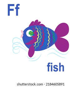 Wonderful fantastic fish, the ABC of children's wall art. Postcards with the alphabet. Poster with children's alphabet. The atmosphere of the game room.  Vector