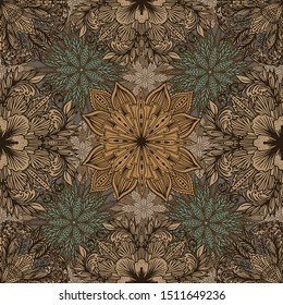 Wonderful fantasy seamless pattern with beautiful mandala elements. Vector illustration for wallpaper, cover, textile, bedding, clothing, prints, cards, wrapping paper for gifts, interior, design etc.