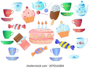 A wonderful festive collection for a puppet children's birthday -teacups, saucers, cake, sweets, desserts, muffins, teapot, milk jug, ice cream. Vector illustration in cartoon childish style