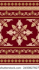 Maravilhoso Ornamento Detalhado Barroco Impecável com Tons de Ouro no Fundo Maroon Vermelho Profundo. Luxo bonito padrão de fronteira para a seda tece bordado antigo bizantino vestuário cerâmica Boho estilo