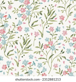 Wonderful floral background with pink and blue flowers. A warm breeze brings delicate petals and green stems. Vector seamless pattern.