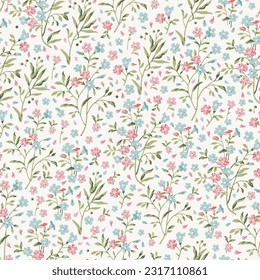 A wonderful floral pattern with pink and blue flowers. The pattern is in retro style and pastel colors. Vector seamless pattern on a light background.