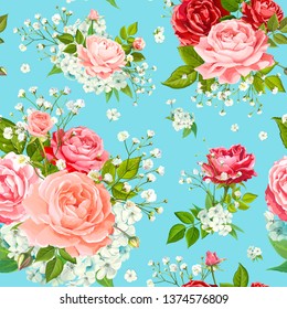 Wonderful floral seamless pattern with flowers of red, pink and gentle peach blooming roses, Alstroemeria, Phloxes, tender white Gypsophila, buds and greenery on pastel blue background