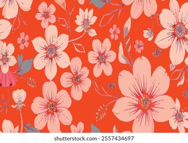 wonderful floral seamless pattern on orange background 