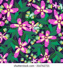 Wonderful floral vector seamless pattern of awesome pink flowers and green leaves, from blossom tree. Endless background, perfect for backgrounds, textile and etc.