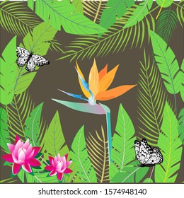 A wonderful flower pattern is Royal Strelitzia. The flower is made in orange, blue among tropical leaves on a dark green  background. This pattern can be used for fabrics, for t-shirts, wallpapers.