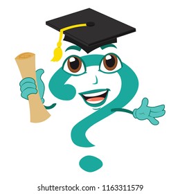 Wonderful funny question mark character holding a diploma certificate letter of success with graduation hat on head