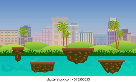 wonderful game background with natural elements like stream, water, flying game platforms and skyscrapers in back ground, perfect for run, jump, platform and arcade games