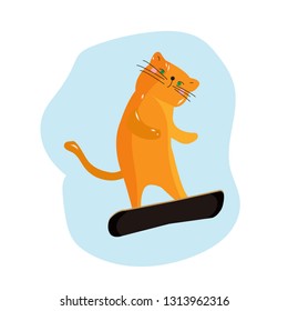 Wonderful ginger cat likes to snowboard, the cat, the athlete snowboarder winter poster. Vector illustration.