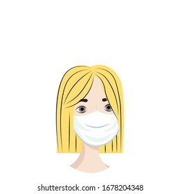Wonderful girl in a medical mask isolated on white background. Precautions against virus, air pollution, smog. Nursing staff in a flat style. Outbreak Defense. Stock vector illustration for design.