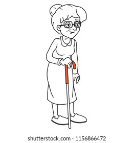 Wonderful hand drawn illustration of an old woman standing hand lean on walking stick