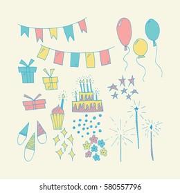 Wonderful hand painted Birthday symbols for amazing  greeting cards.Happy Birthday card design elements.Hand drawn bundle for your designs:t-shirts,bags,posters, invitations, cards, etc. 
