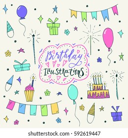 Wonderful hand painted Birthday symbols for amazing  greeting cards.Happy Birthday card design elements.Hand drawn bundle for your designs:t-shirts,bags,posters, invitations, cards, etc. 
