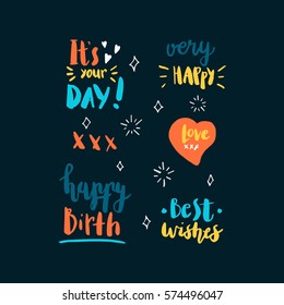 Wonderful handwritten Birthday wishes for amazing  greeting cards. Hand drawn lettering. Happy Birthday card design elements.
