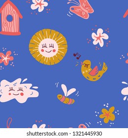 Wonderful handwritten Spring & Easter seamless pattern. Endless silhouette background for package, t-shirts, merch design. 