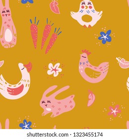 Wonderful handwritten Spring & Easter seamless pattern. Endless silhouette background for package, t-shirts, merch design. 