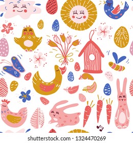 Wonderful handwritten Spring & Easter seamless pattern. Endless silhouette background for package, t-shirts, merch design. 