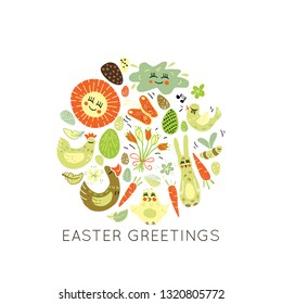 Wonderful handwritten Spring & Easter symbols for amazing greeting cards. Vector handdrawn isolated circle concept. Round frame premade design.