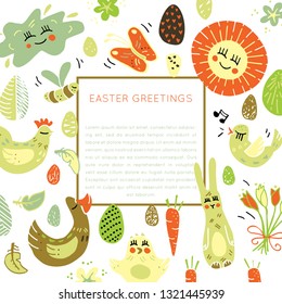 Wonderful handwritten Spring & Easter symbols for amazing greeting cards. Card overlay design elements.Hand drawn square frame. Vector handdrawn isolated rectangle concept.