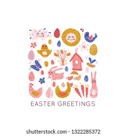 Wonderful handwritten Spring & Easter symbols for amazing greeting cards. Card overlay design elements.Hand drawn square frame. Vector handdrawn isolated rectangle concept.