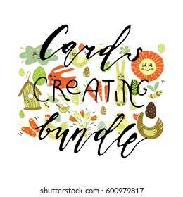 Wonderful handwritten Spring & Easter symbols for amazing greeting cards. Card overlay design elements.Hand drawn lettering typography for your designs:t-shirts,bags,posters, invitations, cards, etc. 