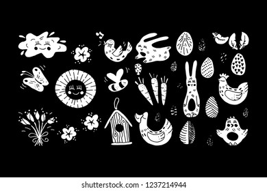 Wonderful handwritten vector bundle of Spring & Easter symbols for amazing greeting cards. Collection of white on black silhouettes.