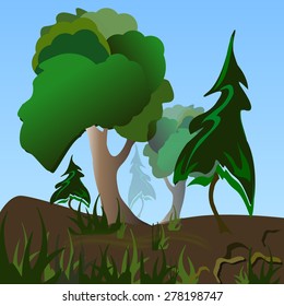 Wonderful hills with pines and oaks. The grass in the decorative merged. Vector illustration