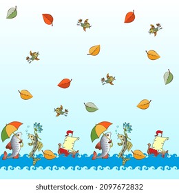 Wonderful horizontal border with sea, funny fish talking to each other, fabulous boats, flying birds and falling autumn leaves. Fabric print for kids, vector design.