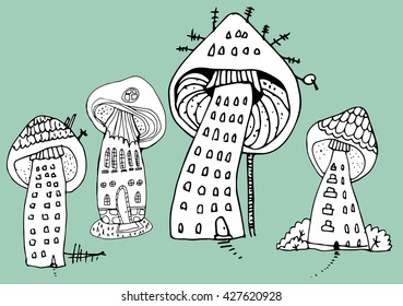 wonderful house, line art, mushroom
