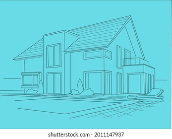A wonderful house with a swimming pool, vector graphics, linear drawing, which will allow you to use it in many of your projects