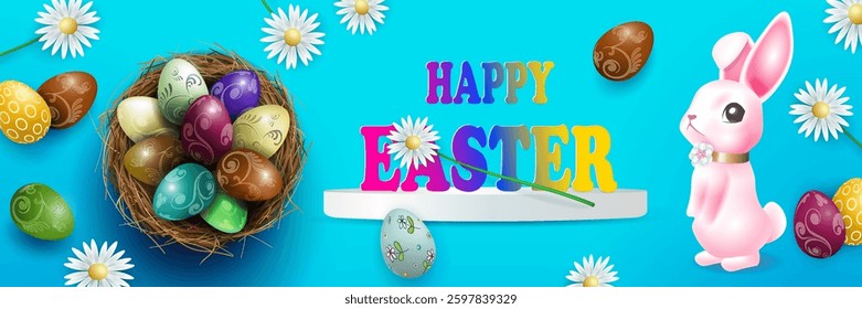 Wonderful illustration with Easter eggs in a straw nest and a cute bunny.