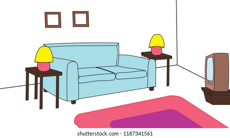 Wonderful illustration of a Room background sofa lamps picture frames TV television rugs carpet