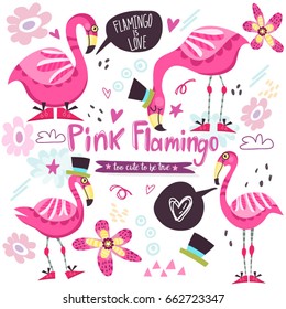 Wonderful illustration/set of pink flamingo and flowers.