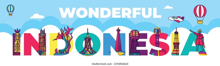 Wonderful indonesia lettering colorful city landmark