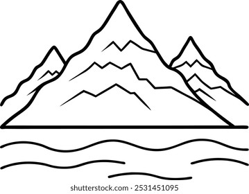 A wonderful Lake mountain outline vector art and line art illustration design. Mountain line. Simple minimal landscape. Linear silhouette of mountains. Outline rocky peaks icon, contour line.