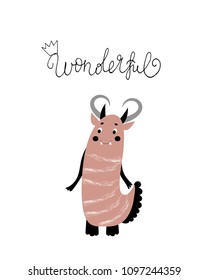 Wonderful lettering Scandinavian kids doodles Nursery poster with two wild animal hand drawn Happy monsters friends alien in yellow color.