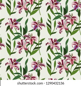Wonderful lovely bright spring summer herbal floral red pink lilies flowers with green leaves vector illustration. Perfect for greetings card, textile, fabric, wallpapers, banners, phone case