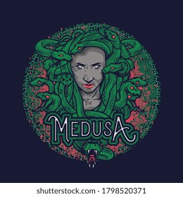 Wonderful medusa's head hand drawn illustration. Medusa head illustration isolated on navy background